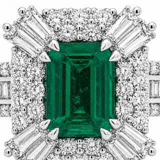 Natural Emerald and Diamond Halo Art Deco Cocktail Ring 14KT White Gold