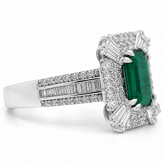 Natural Emerald and Diamond Halo Art Deco Cocktail Ring 14KT White Gold