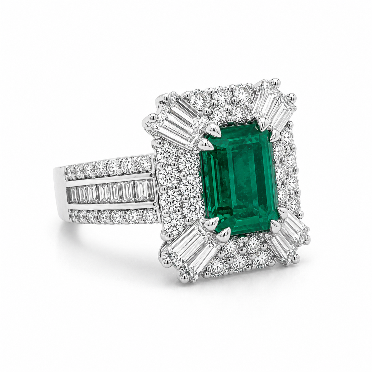 Natural Emerald and Diamond Halo Art Deco Cocktail Ring 14KT White Gold