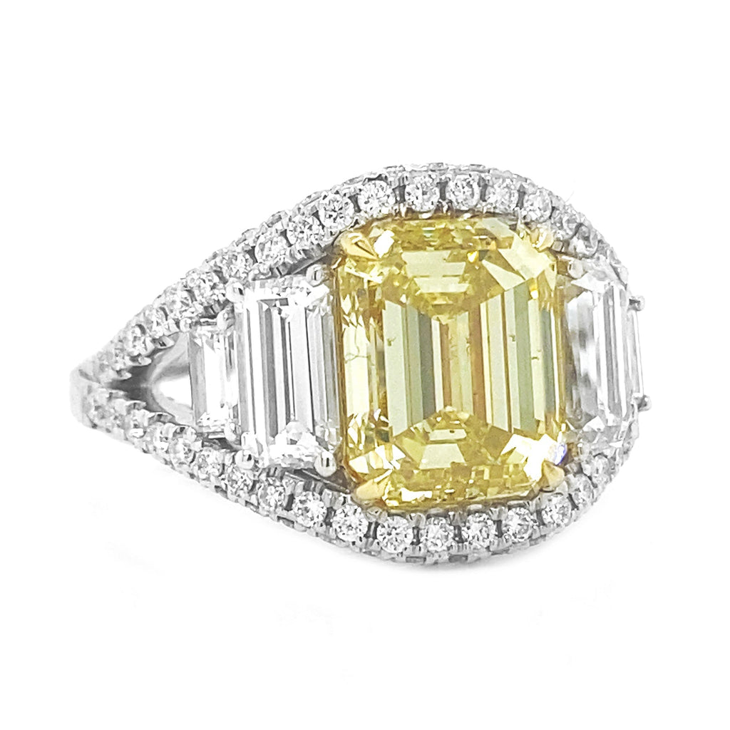 Natural Emerald Cut Fancy Yellow Diamond Halo Ring, in White Gold