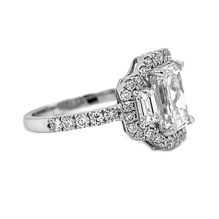 Natural  Emerald Cut Diamond 3 Stone Halo Ring, in White Gold