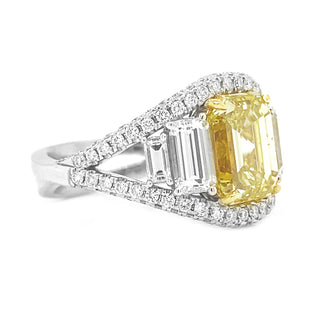 Natural Mined Emerald Cut Fancy Yellow Diamond Halo Ring White Gold GIA