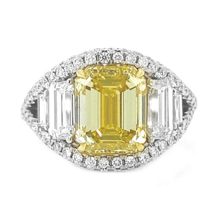 Natural Mined Emerald Cut Fancy Yellow Diamond Halo Ring White Gold GIA