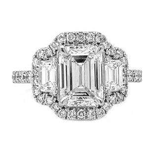 Natural  Emerald Cut Diamond 3 Stone Halo Ring, in White Gold