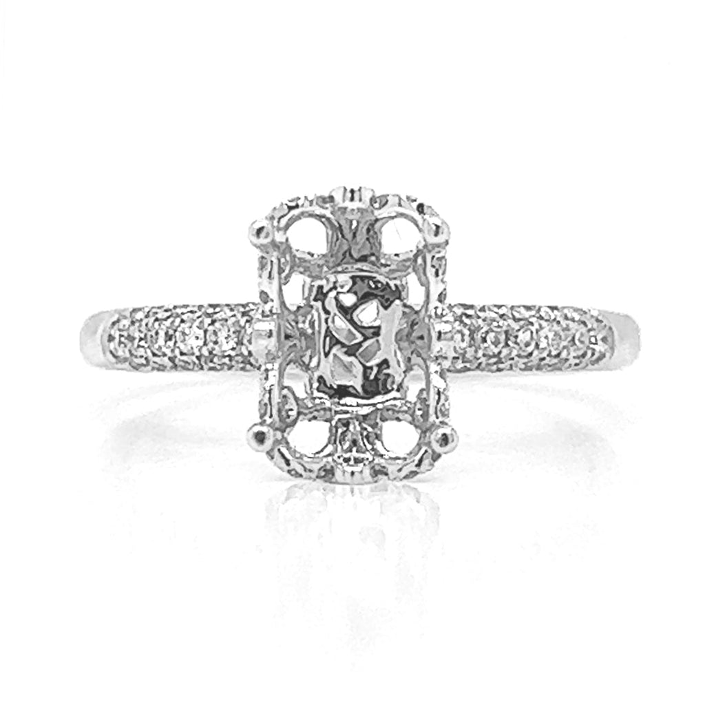 Semi-Mount Fits 10.5 x 7 mm with Natural Diamond Art Deco Ring, in White Gold