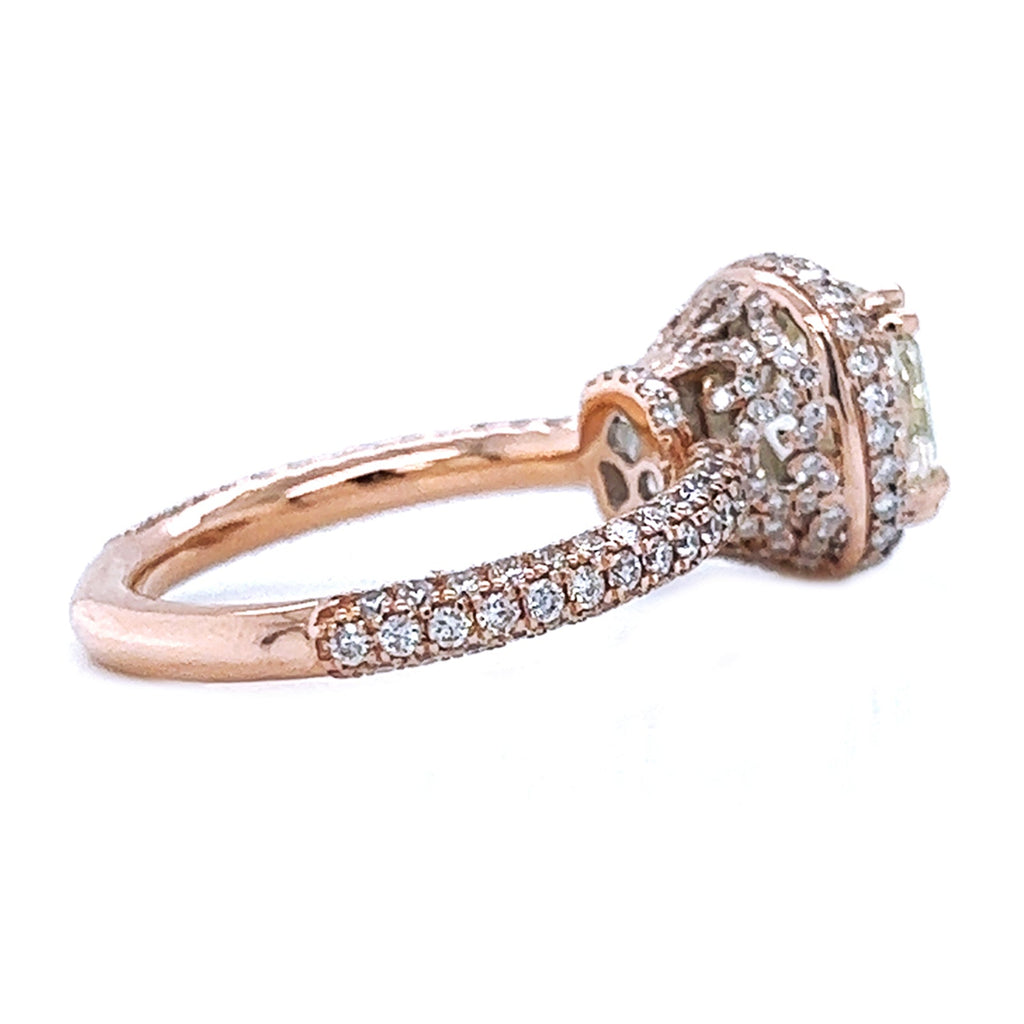 Natural Cushion Diamond Halo Art Deco Ring, in Rose Gold