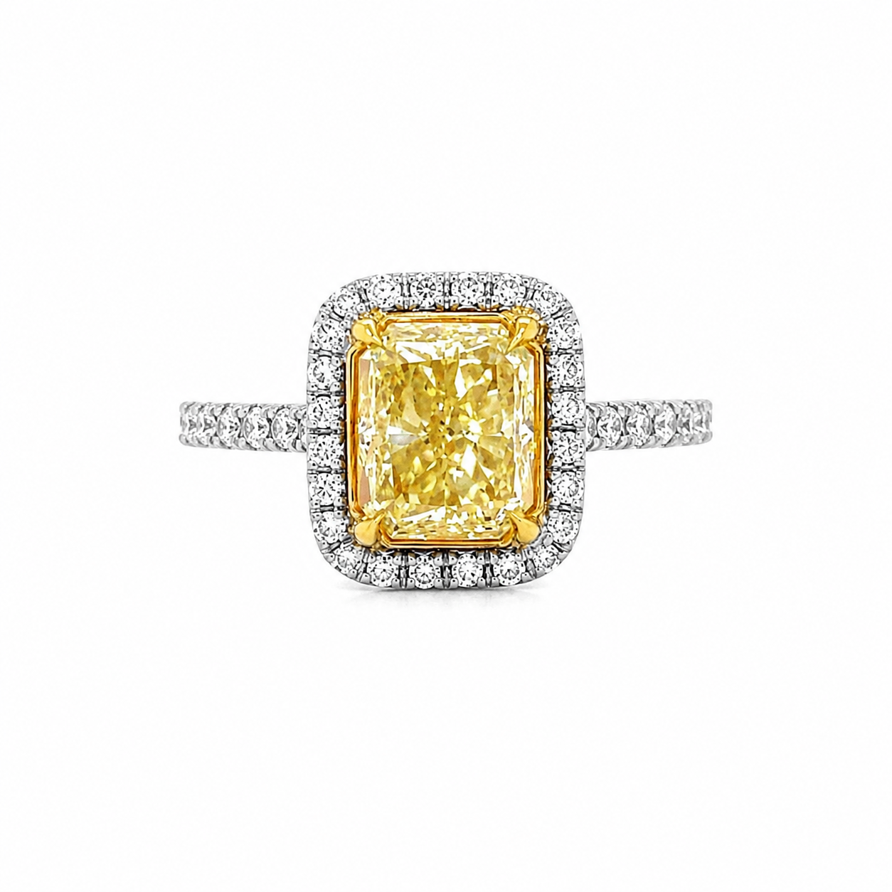 Natural Radiant Cut Fancy Yellow Diamond Halo Ring 18KT White Gold