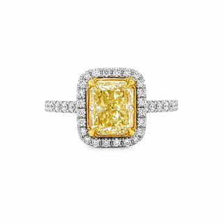 Natural Radiant Cut Fancy Yellow Diamond Halo Ring 18KT White Gold