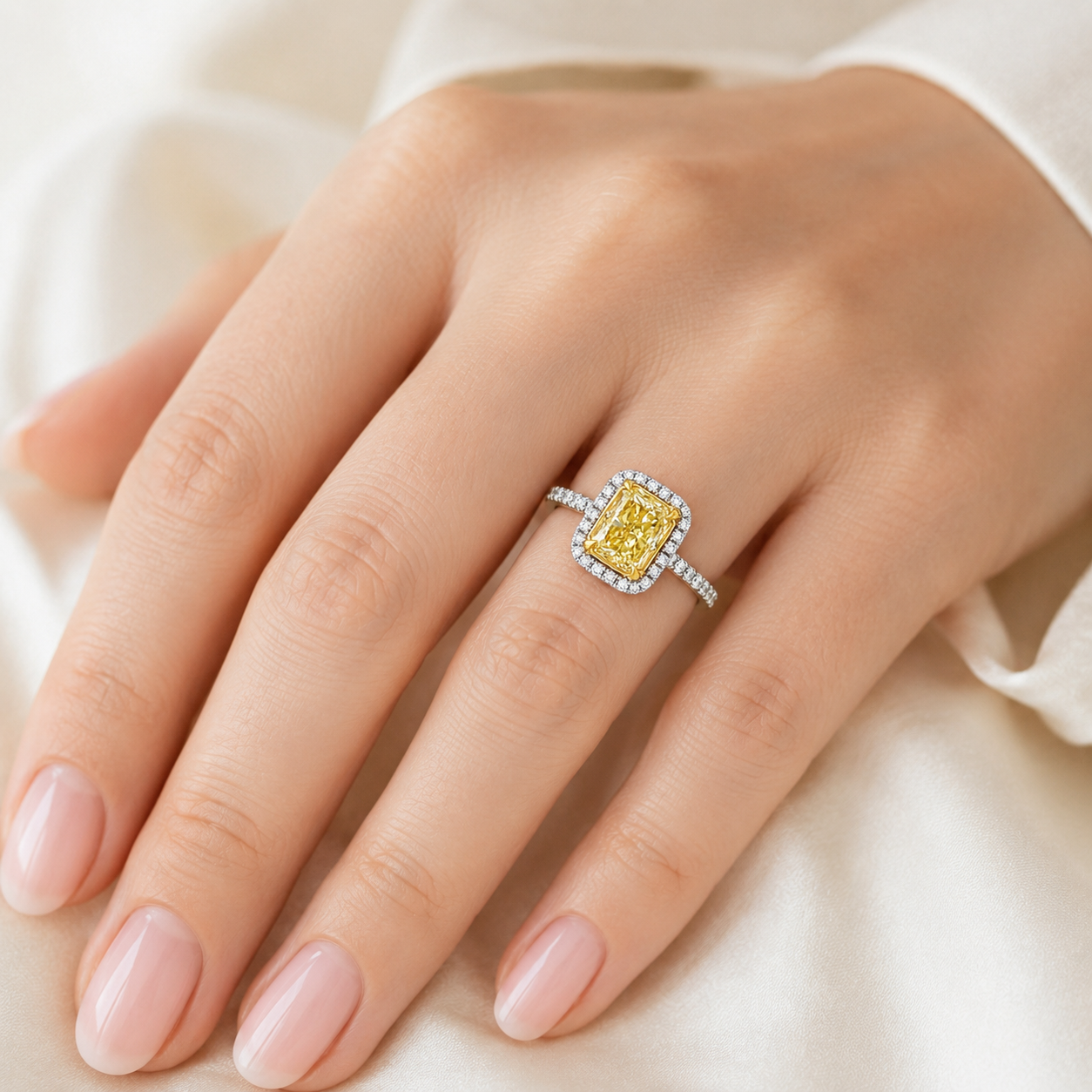 Natural Radiant Cut Fancy Yellow Diamond Halo Ring 18KT White Gold