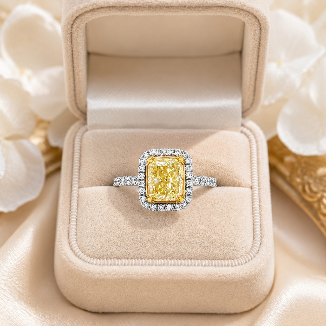 Natural Radiant Cut Fancy Yellow Diamond Halo Ring 18KT White Gold