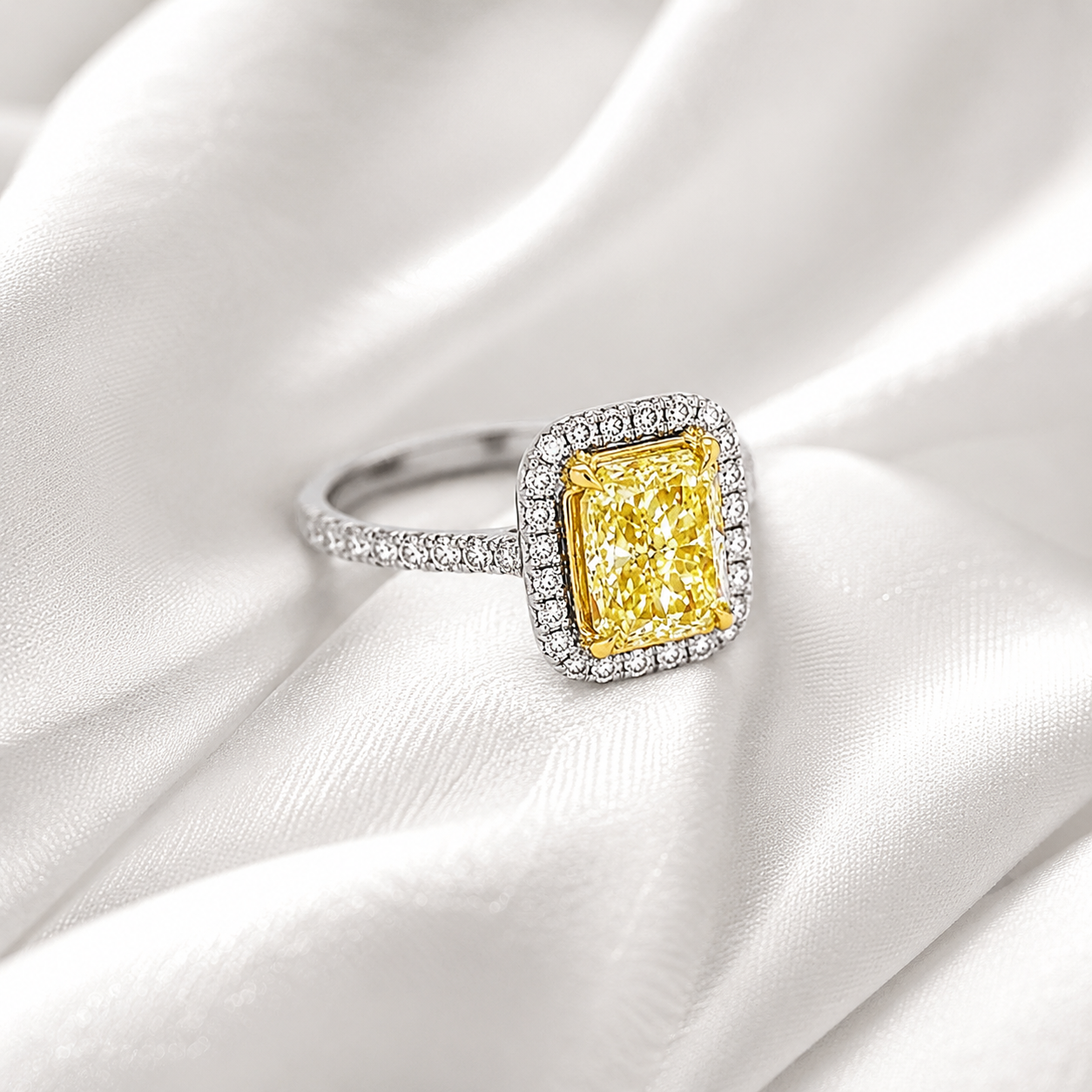 Natural Radiant Cut Fancy Yellow Diamond Halo Ring 18KT White Gold