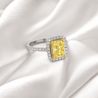 Natural Radiant Cut Fancy Yellow Diamond Halo Ring 18KT White Gold