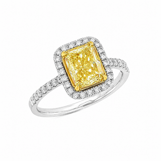 Natural Radiant Cut Fancy Yellow Diamond Halo Ring 18KT White Gold