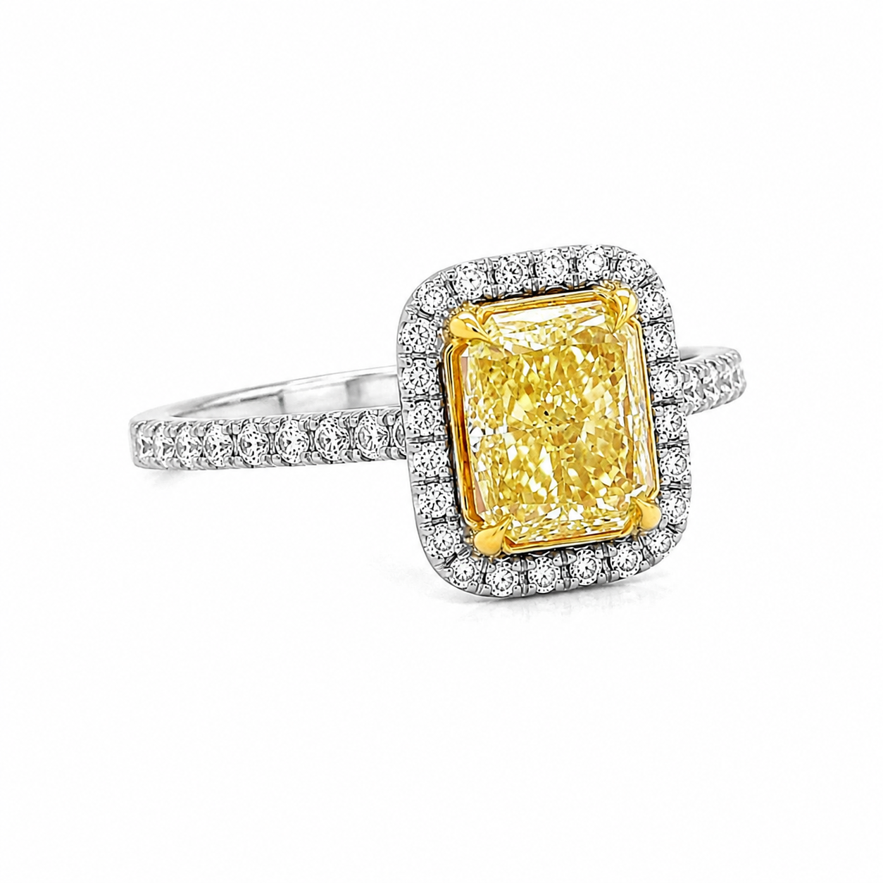 Natural Radiant Cut Fancy Yellow Diamond Halo Ring 18KT White Gold