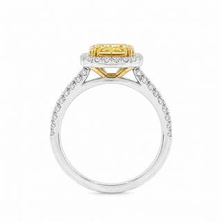 Natural Radiant Cut Fancy Yellow Diamond Halo Ring 18KT White Gold