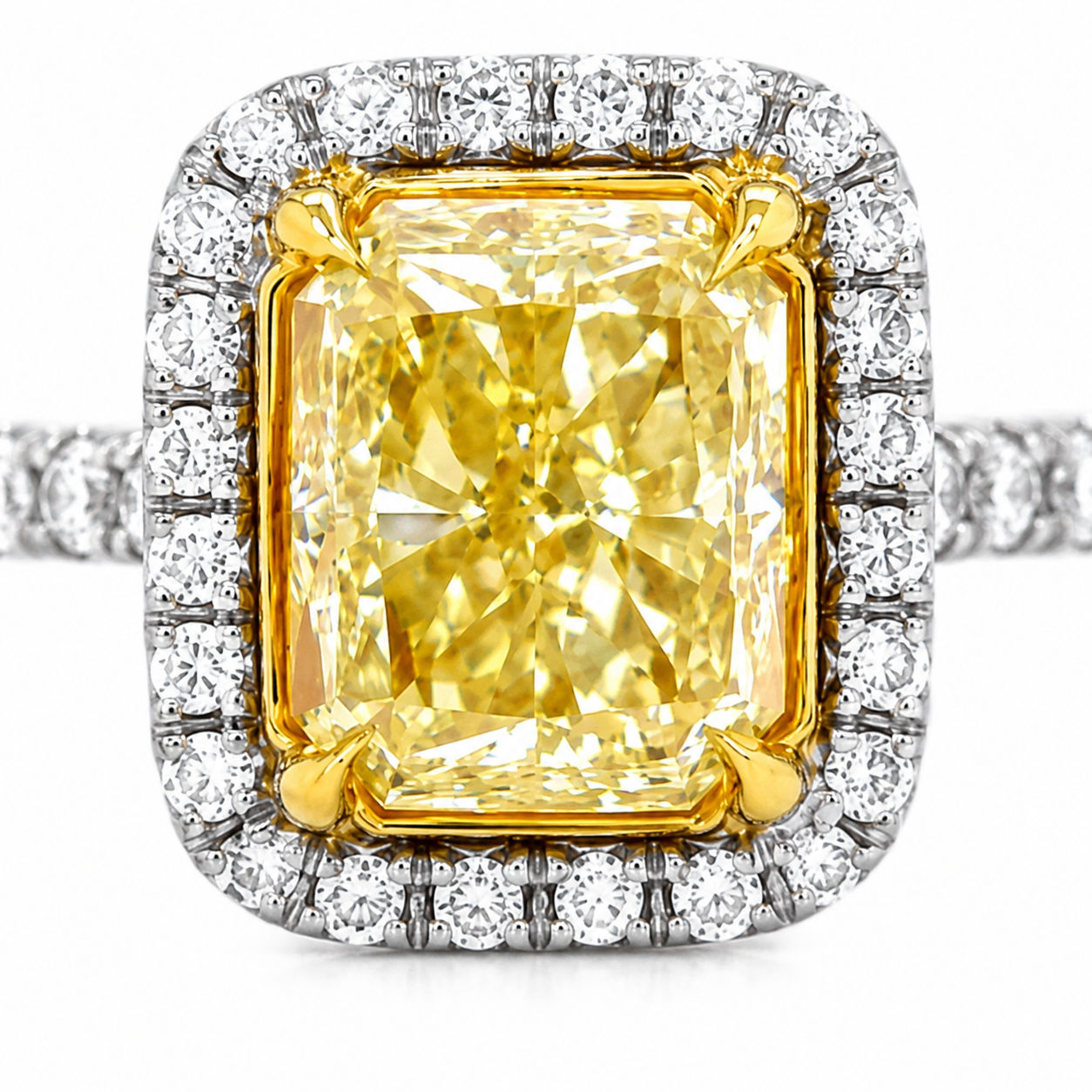 Natural Radiant Cut Fancy Yellow Diamond Halo Ring 18KT White Gold