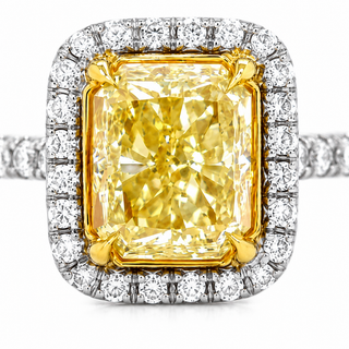Natural Radiant Cut Fancy Yellow Diamond Halo Ring 18KT White Gold