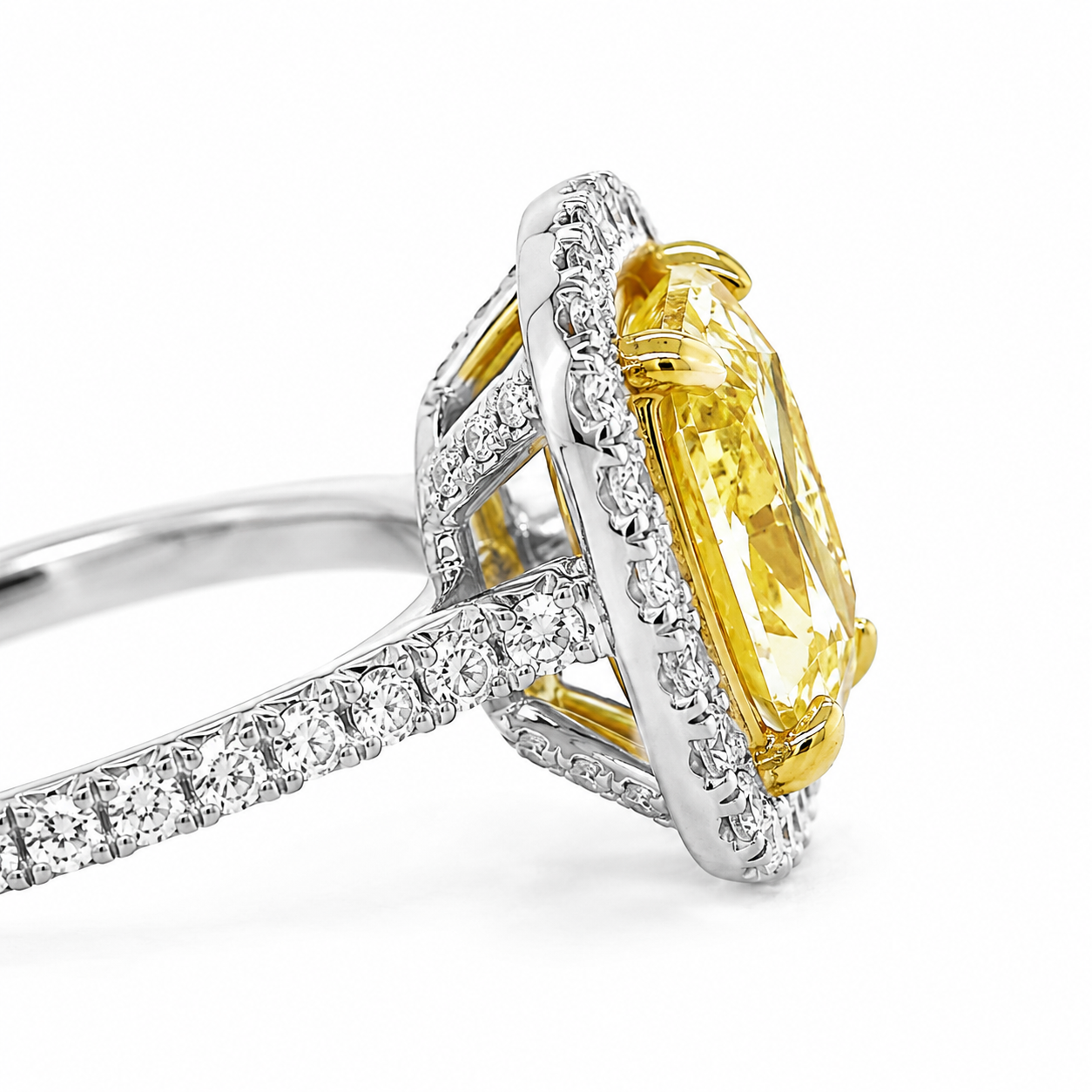 Natural Radiant Cut Fancy Yellow Diamond Halo Ring 18KT White Gold