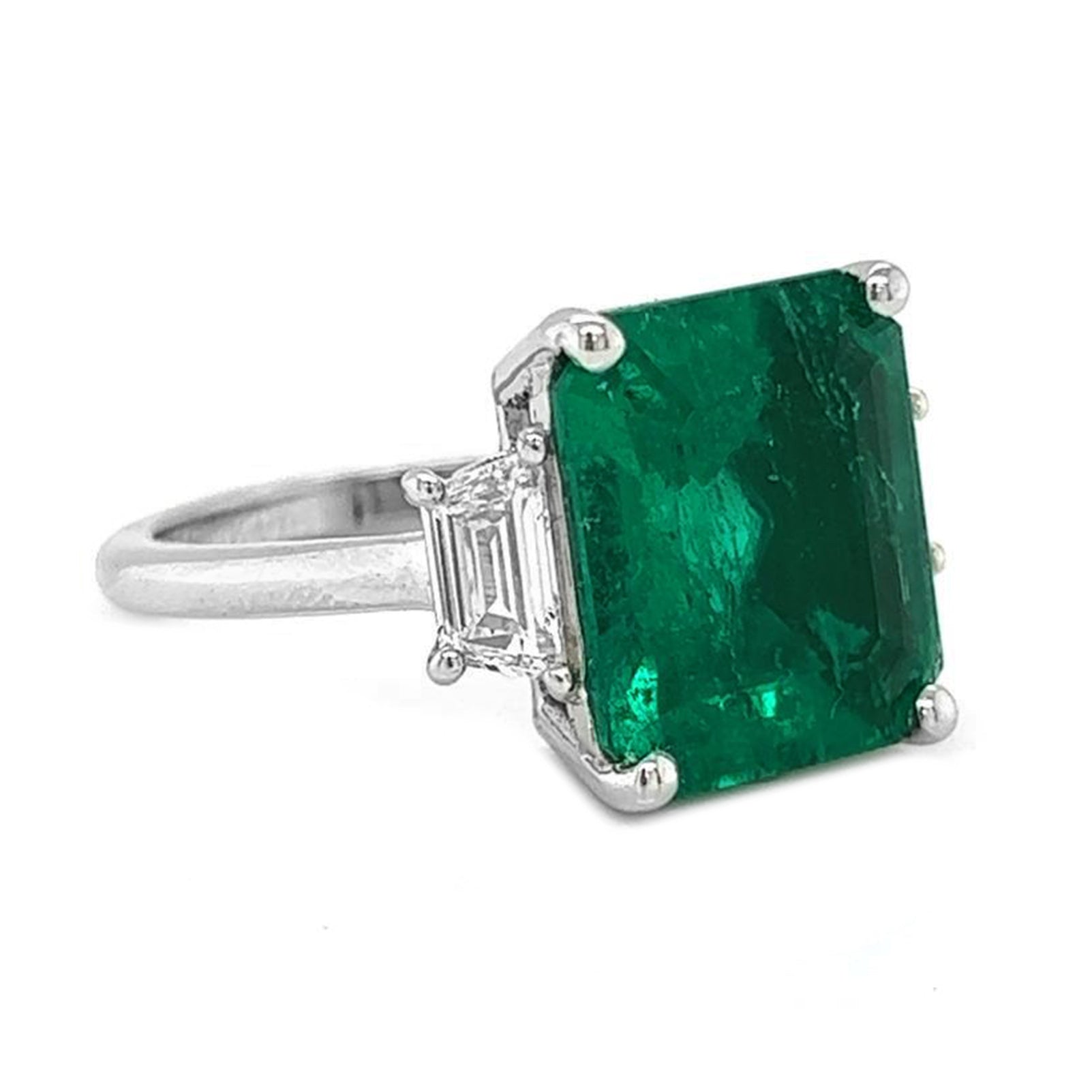 Natural Colombian Green Emerald and Trapezoid Cut Diamond 3 Stone Ring, in White Gold