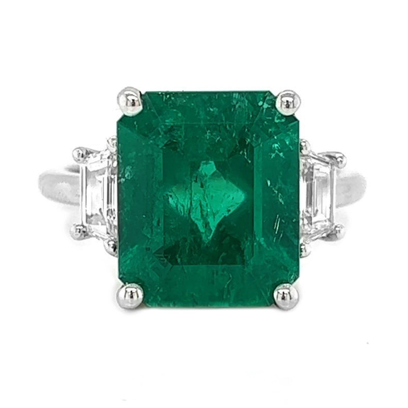 Natural Colombian Green Emerald and Trapezoid Cut Diamond 3 Stone Ring, in White Gold