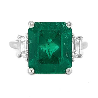 Natural Mined Colombian Green Emerald andTrapezoid Cut Diamond 3 Stone Ring White Gold