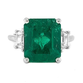 Natural Mined Colombian Green Emerald andTrapezoid Cut Diamond 3 Stone Ring White Gold