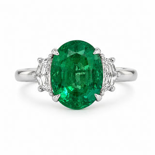 Natural Green Emerald with Shield Cut Diamond 3 Stone Ring 18KT White Gold