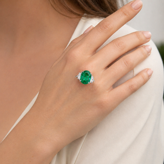 Natural Green Emerald with Shield Cut Diamond 3 Stone Ring 18KT White Gold