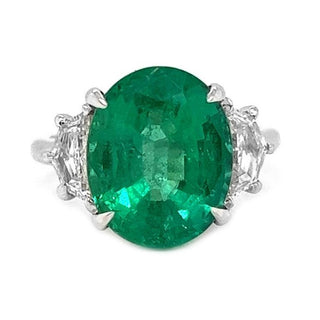 Natural Mined Green Emerald with Shield Cut Diamond 3 Stone Ring White Gold