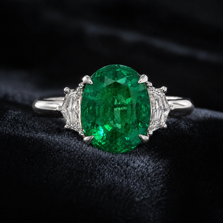 Natural Green Emerald with Shield Cut Diamond 3 Stone Ring 18KT White Gold