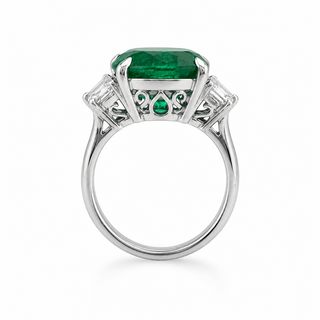 Natural Green Emerald with Shield Cut Diamond 3 Stone Ring 18KT White Gold