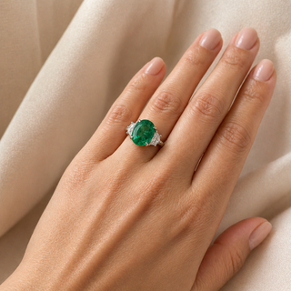Natural Green Emerald with Shield Cut Diamond 3 Stone Ring 18KT White Gold