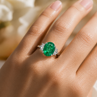 Natural Green Emerald with Shield Cut Diamond 3 Stone Ring 18KT White Gold