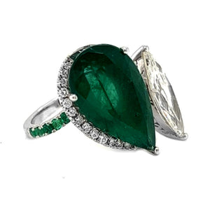 Natural Mined Pear Shaped Green Emerald and Marquise Cut Halo Bypass Ring White Gold