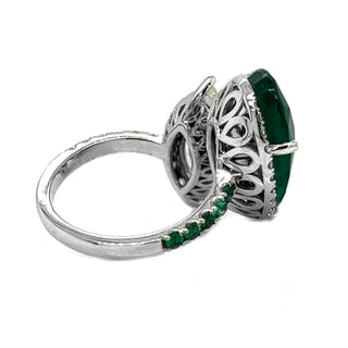 Natural Mined Pear Shaped Green Emerald and Marquise Cut Halo Bypass Ring White Gold