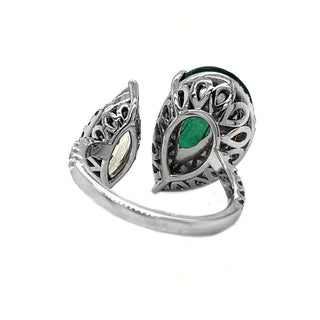 Natural Mined Pear Shaped Green Emerald and Marquise Cut Halo Bypass Ring White Gold