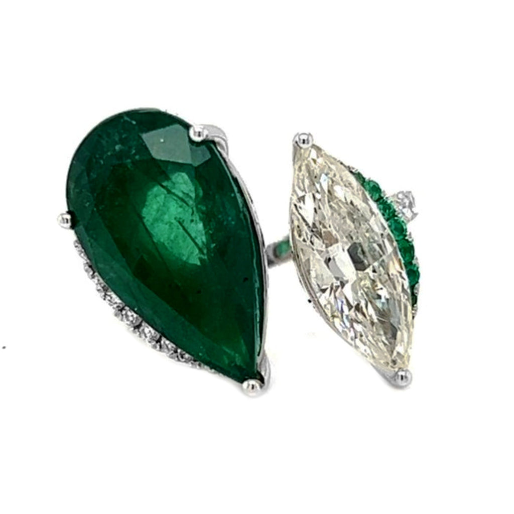 Natural Pear Shaped Green Emerald and Marquise Cut Halo Bypass Ring White Gold