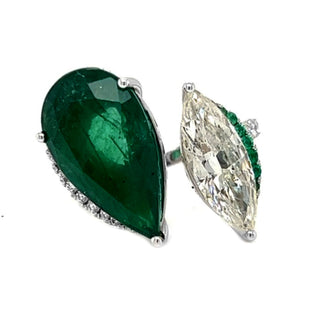 Natural Mined Pear Shaped Green Emerald and Marquise Cut Halo Bypass Ring White Gold