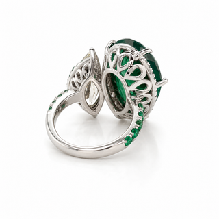 Natural Pear Shaped Green Emerald and Marquise Cut Halo Bypass Ring 18KT White Gold