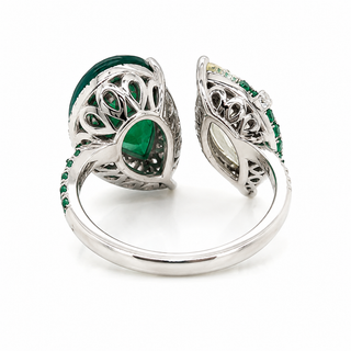 Natural Pear Shaped Green Emerald and Marquise Cut Halo Bypass Ring 18KT White Gold