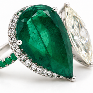 Natural Pear Shaped Green Emerald and Marquise Cut Halo Bypass Ring 18KT White Gold
