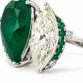 Natural Pear Shaped Green Emerald and Marquise Cut Halo Bypass Ring 18KT White Gold