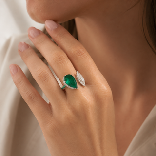 Natural Pear Shaped Green Emerald and Marquise Cut Halo Bypass Ring 18KT White Gold