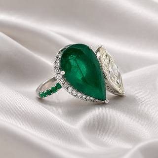 Natural Pear Shaped Green Emerald and Marquise Cut Halo Bypass Ring 18KT White Gold