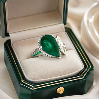 Natural Pear Shaped Green Emerald and Marquise Cut Halo Bypass Ring 18KT White Gold