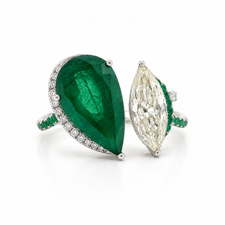 Natural Pear Shaped Green Emerald and Marquise Cut Halo Bypass Ring 18KT White Gold