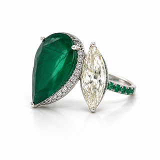 Natural Pear Shaped Green Emerald and Marquise Cut Halo Bypass Ring 18KT White Gold
