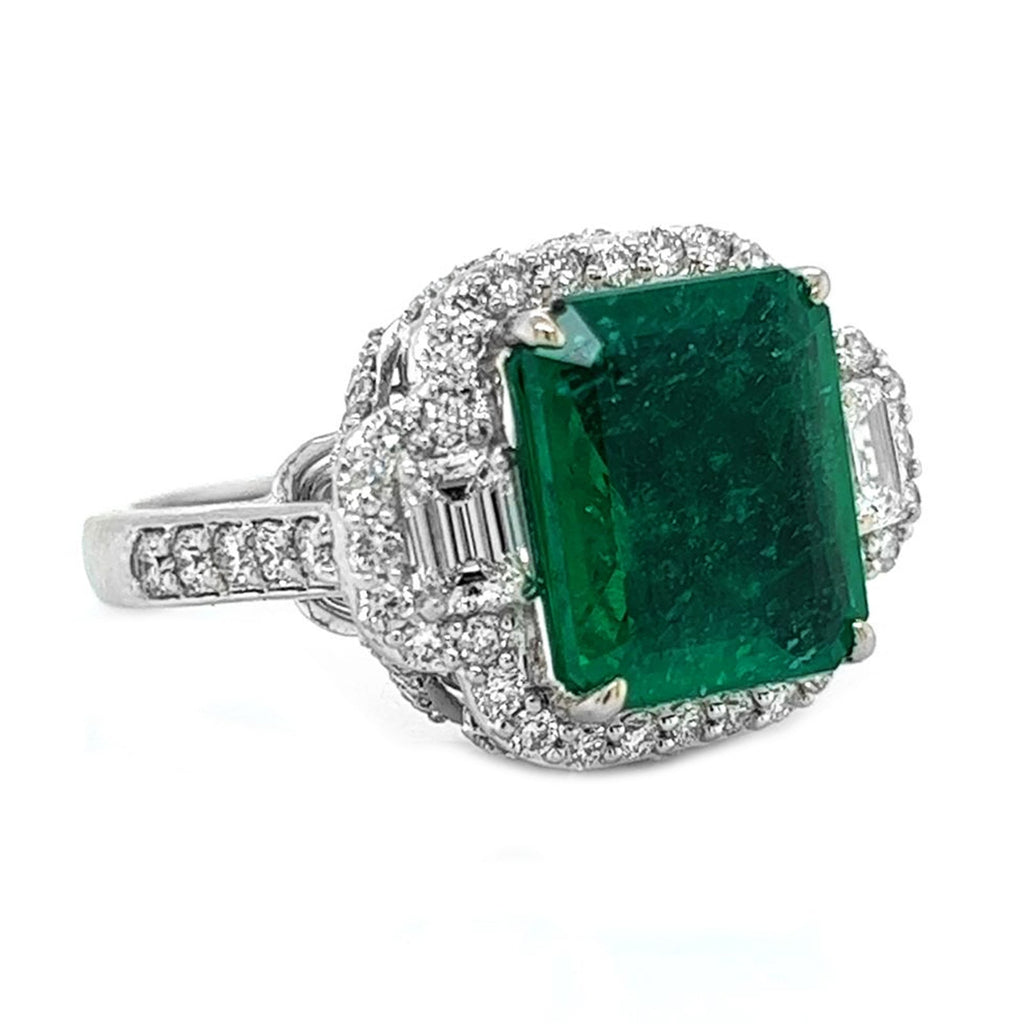 Natural Emerald Cut Green Emerald and Diamond 3 Stone Ring, in White Gold