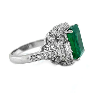 Natural Mined Emerald Cut Green Emerald and Diamond 3 Stone Ring White Gold