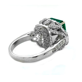 Natural Mined Emerald Cut Green Emerald and Diamond 3 Stone Ring White Gold